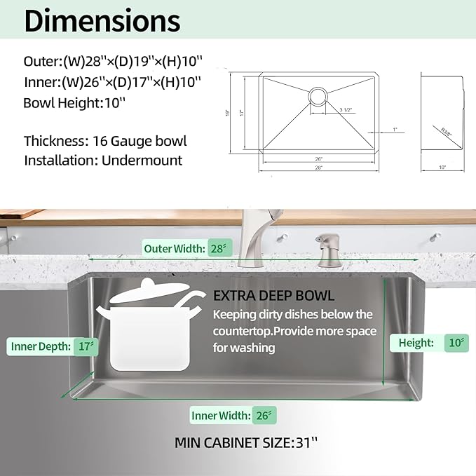 Undermount Kitchen Sink, 28 x 19 Inch Sink Kitchen16 Gauge Stainless Steel Outdoor Laundry Kitchen Sinks Single Bowl