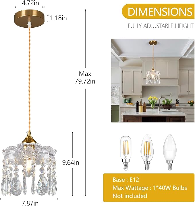 Brass Vintage Glass Pendant Light Crystal Pendant Lights Kitchen Island,Adjustable Height Pendant Lighting for Dining Room Farmhouse Living Room(2-Pack)