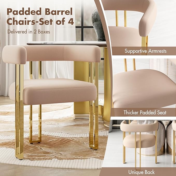 Hyfirm Velvet Dining Chairs Set of 4, Khaki Upholstered Barrel Armchairs with Gold Metal Legs for Kitchen Island, Mid Century Modern Accent Side Chairs for Dining Room and Living Room, Open-Back