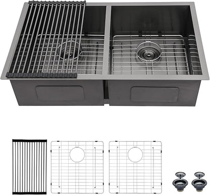 Mocoloo 33 Black Drop In Kitchen Sink 33x22 Inch Gunmetal Black Stainless Sink Double Bowl 60/40 Topmount 16 Gauge Kitchen Sink Handmade Basin