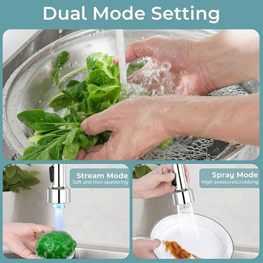 Kitchen Faucet with LED Pull Down Sprayer,Commercial Single Handle Stainless Steel Kitchen Faucets with Deck Plate (Chrome)