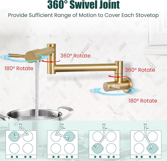 Heyalan Pot Filler 19 Inch Wall Mount Folding Stretchable Kitchen Restaurant Faucet Stainless Steel Pot Filler Double Joint Swing Arm Two Handles Commercial NPT,Straight Handle,Brushed Gold