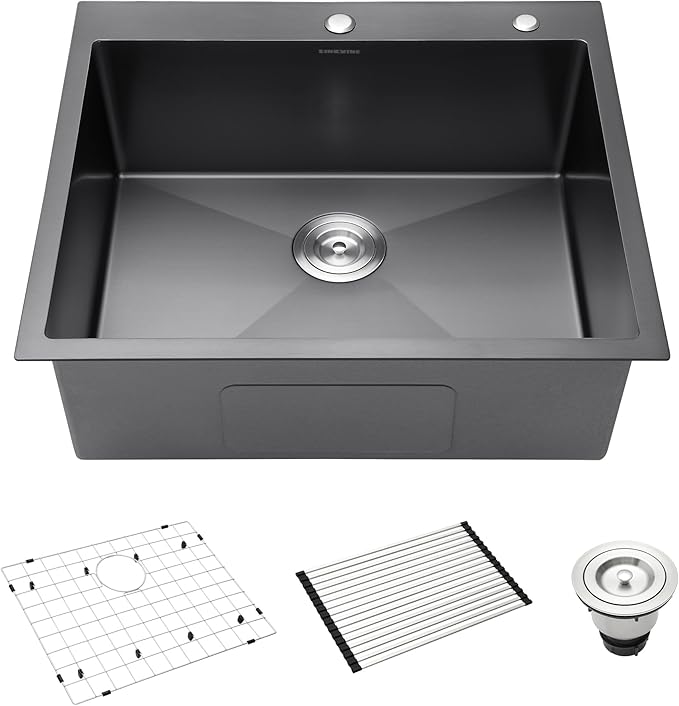 Drop-In Deep Laundry Sink 25 x 22 inch Black, SINKVINE Single Bowl Nano Stainless Steel Kitchen Sink for Outdoor and Indoor Top Mount, with Drain Strainer, Bottom Grid, Roll-up Drying Unit, Dark Gray