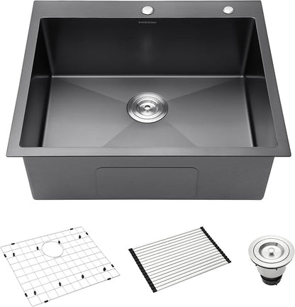 Drop-In Deep Laundry Sink 25 x 22 inch Black, SINKVINE Single Bowl Nano Stainless Steel Kitchen Sink for Outdoor and Indoor Top Mount, with Drain Strainer, Bottom Grid, Roll-up Drying Unit, Dark Gray