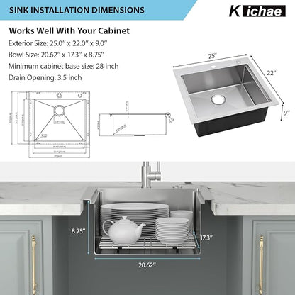 Kichae 25 Outdoor Kitchen Sink Drop In - 25" x 22" Stainless Steel Drop Sink 16 Gauge with Cover for Small Outdoor Kitchens, Bar Prep, and RV Use