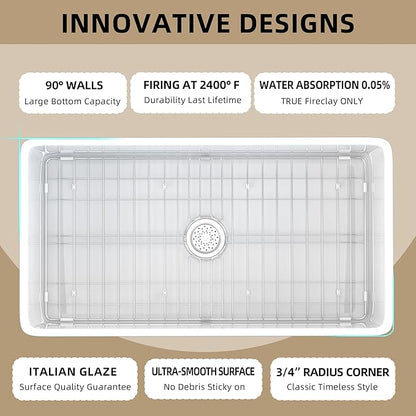 Farmhouse Sink 30 inch Undermount Fireclay Farm Kitchen Sink Single Bowl Apron Front Sinks Big Deep Capacity Accessory Kit Included