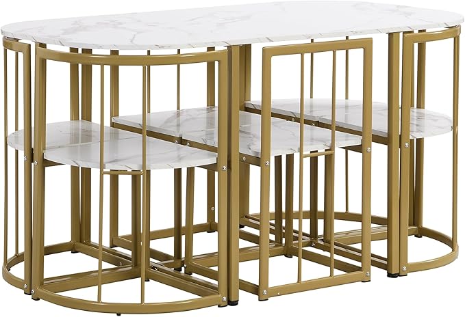 RuiSiSi Modern Dining Table Set for 6 Kitchen Table Set with 6 Dining Chairs and Faux Marble Tabletop for Kitchen, Dining Room, Small Space, Gold+White
