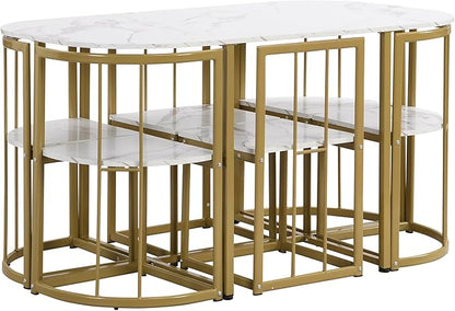 RuiSiSi Modern Dining Table Set for 6 Kitchen Table Set with 6 Dining Chairs and Faux Marble Tabletop for Kitchen, Dining Room, Small Space, Gold+White