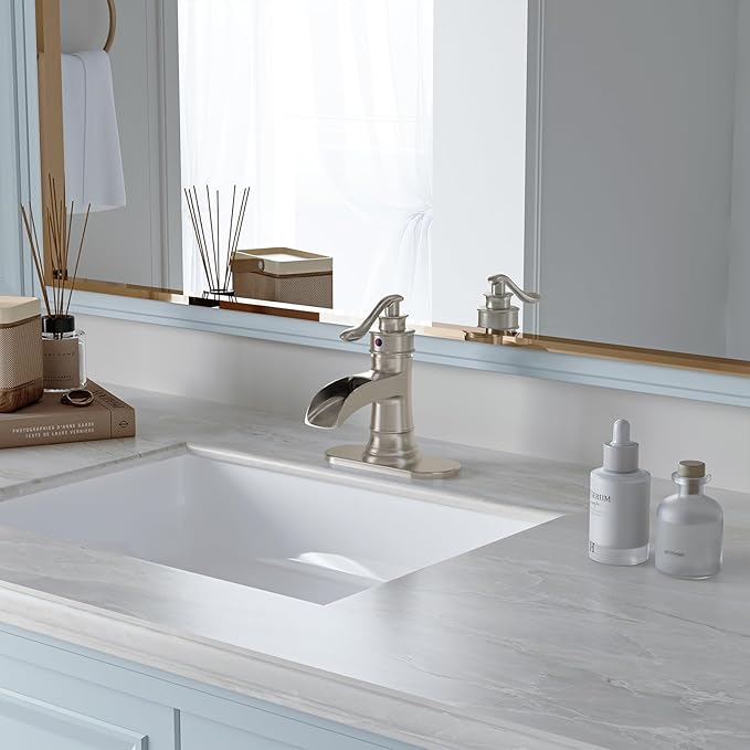 BWE Bathroom Faucet Brushed Nickel Waterfall Single Hole Matching Pop Up Drain Stopper Handle Sink Faucets Bath Vanity Lavatory Vessel Commercial Satin with Water Supply Hose