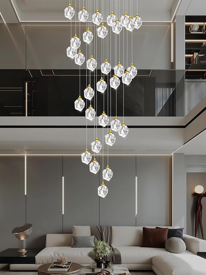 Gold Spiral Staircase Crystal Chandeliers 32-Lights 150 inch Long High Ceiling Chandelier Entrance Foyer Flush Mount Slopped Inclined Ceiling LED Dimmable 3000-6000K