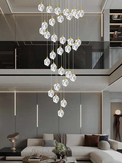 Gold Spiral Staircase Crystal Chandeliers 32-Lights 150 inch Long High Ceiling Chandelier Entrance Foyer Flush Mount Slopped Inclined Ceiling LED Dimmable 3000-6000K