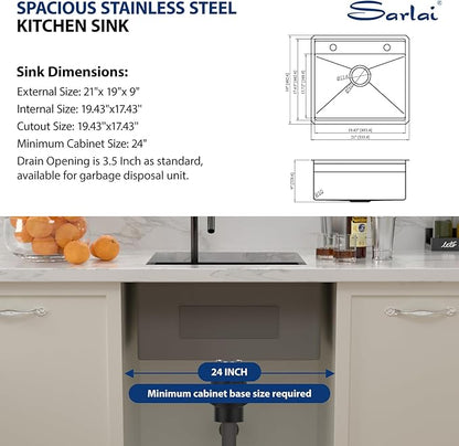 Sarlai Black Undermount Bar Sink - 21x19 Inch Outdoor Kitchen Sink RV Workstation Gunmetal Black 16 Gauge Stainless Steel Single Bowl Handmade Outdoor BBQ Sinks With Foldable Faucet