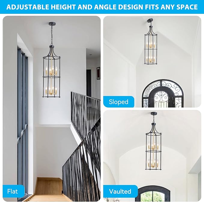 XINGQI Black and Gold Foyer Chandeliers for High Ceiling, Modern 8 Light Dinning Room Lantern Tiered Chandelier Cage Pendant Lighting Fixture for Staircase Entryway Living Room