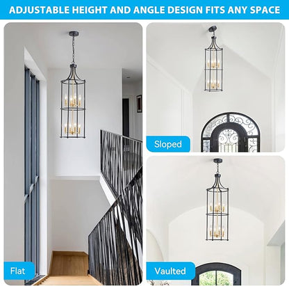 XINGQI Black and Gold Foyer Chandeliers for High Ceiling, Modern 8 Light Dinning Room Lantern Tiered Chandelier Cage Pendant Lighting Fixture for Staircase Entryway Living Room