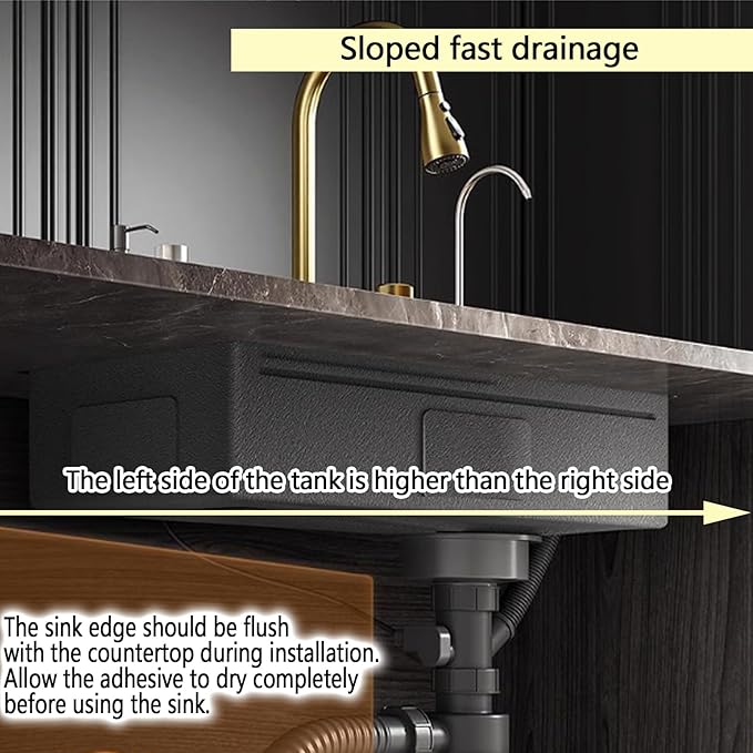 Sinks Countertop or Embedded Single Bowl Stainless Steel Kitchen Sink with Drain basket, cutting board, vegetable sink, multi-function pull-out faucet set (Gold, 26.7x18x9 In)