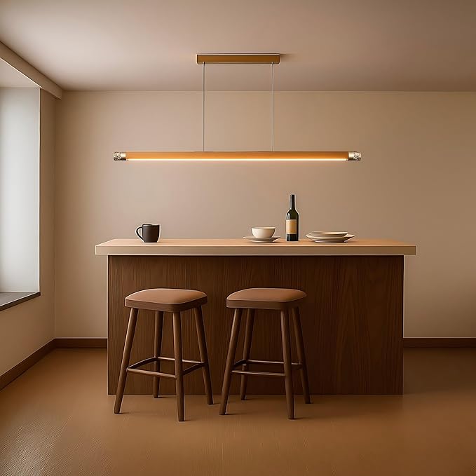 47" Wood Linear Pendant Light, Modern Wabi-Sabi Chandelier with Handcrafted Walnut & Brass, 3 Color Temperatures (3000K-6000K), Hanging Light Fixture for Dining Room, Kitchen, Bedroom