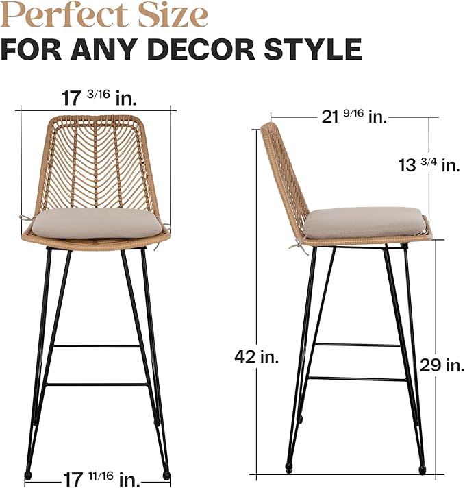 IDZO Outdoor Rattan Bar Stools Set of 2, 42-Inch Tall with 400lbs Weight Endurance, Featuring a Steel Frame and Comfort Cushions, Ideal Outdoor Bar Stools and Kitchen Island