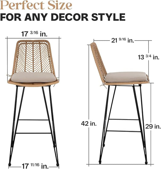 IDZO 400lbs Capacity Rattan Bar Stools Set of 2, 29-Inch Height, Outdoor & Indoor Use, Comfort Cushion, Solid Steel Frame, Durable Powder Coating, Easy Assembly, Ideal for Kitchen Island & Patio