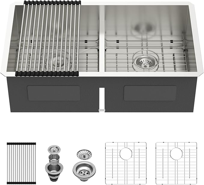 33 Inch Undermount Double Bowl Kitchen Sink 16 Gague 304 Stainless Steel Double Handmade Sinks 50/50 Large Deep Double Bowl Sinks 33"x19"x10"