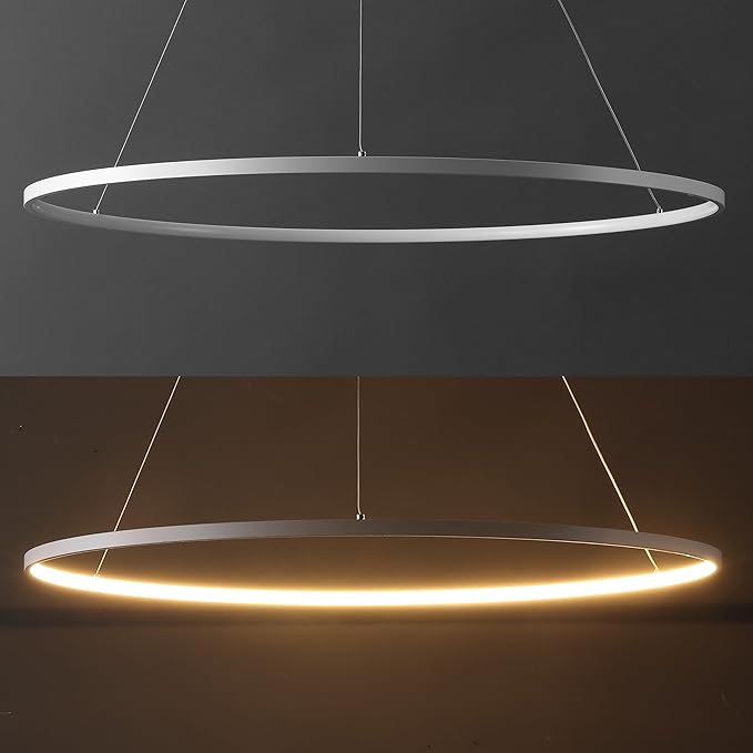 JONATHAN Y 35" Matte White Modern Integrated LED Pendant Light, Dimmable Round Hoop Chandelier for Kitchen Island, Dining Room, Adjustable Height Metal Hanging Light (JYL7220I)