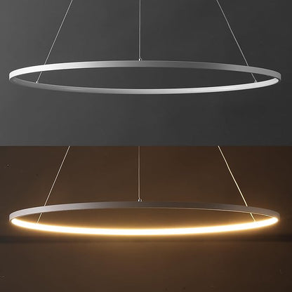 JONATHAN Y 35" Matte White Modern Integrated LED Pendant Light, Dimmable Round Hoop Chandelier for Kitchen Island, Dining Room, Adjustable Height Metal Hanging Light (JYL7220I)