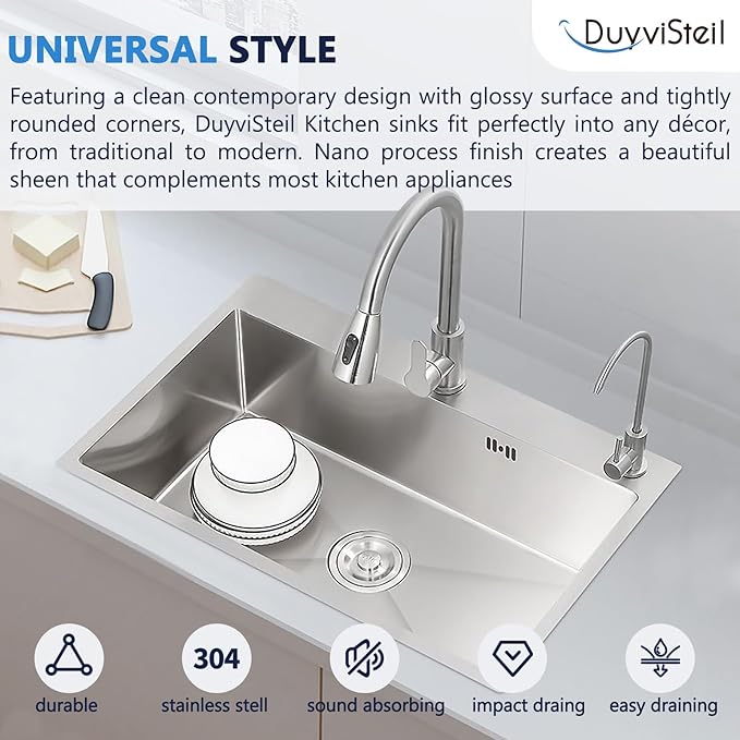 33x22 Inch Topmount or Drop In Kitchen Sink Worktation, Stainless Steel Single Bowl Sink with Drainpipe for RV, Prep Kitchen