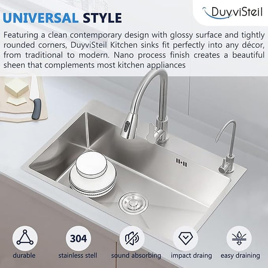 33x22 Inch Topmount or Drop In Kitchen Sink Worktation, Stainless Steel Single Bowl Sink with Drainpipe for RV, Prep Kitchen