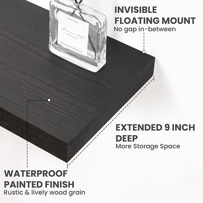 Solid Wood Floating Shelves For Wall, 55”W x 9”D x 1.56”H Large Wall Shelves for Living Room Bedroom Bathroom Kitchen Drcor Storage with Invisible Heavy-Duty Metal Bracket, Carbonized Oak, 2 Pack