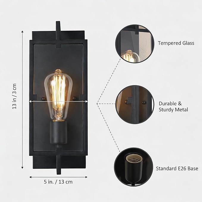 1-Light Bathroom Light Fixture, Matte Black Vanity Lights Wall Sconce with Clear Glass Shade, Indoor Wall Lamp with E26 Base for Mirror Living Room Bedroom Hallway