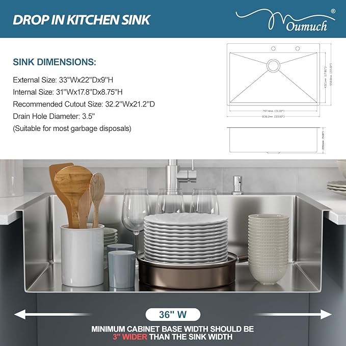 33 Inch Drop In Kitchen Sink - 33x22 Drop In Sink Stainless Steel 18 Gauge Single Bowl Topmount Handmade Sinks Kitchen Sinks Above the Counter, 9" Deep