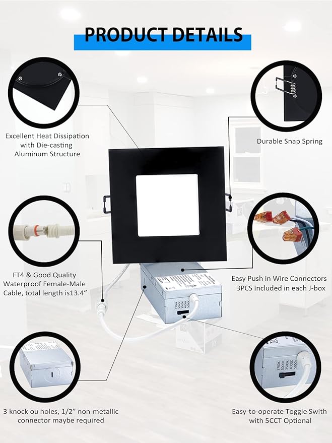 POPANU Recessed Lighting 4-inch Square-LED - Canless Recessed Light Fixture, Dimmable Ceilling Light with Junction Box, 2700|3000|3500|4000|5000K, 9W, Black, 6P