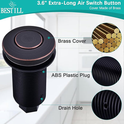 BESTILL Sink Top Garbage Disposal Air Switch Kit - Professional, UL Listed Single Outlet Long Push Button with Brass Cap, Oil Rubbed Bronze/ORB