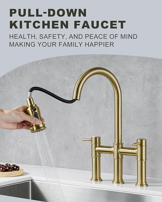 Bridge Faucet for Kitchen Sink: iVIGA Gold Farmhouse 3 Hole Kitchen Faucet with Pull Down Sprayer (3 Spray Modes) - 2 Handle High Arc Brass Faucet with 360° Swivel, with Supply Lines