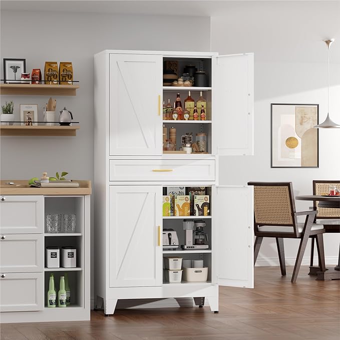 71" Tall Kitchen Pantry Cabinet,Farmhouse Pantry Cabinet,Metal Cabinet with Adjustable Shelves and Drawer,Storage Cabinet for Kitchen Dining Room Garage,White 1 Pack