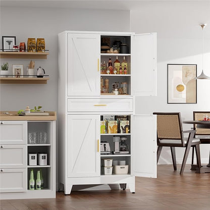71" Tall Kitchen Pantry Cabinet,Farmhouse Pantry Cabinet,Metal Cabinet with Adjustable Shelves and Drawer,Storage Cabinet for Kitchen Dining Room Garage,White 1 Pack