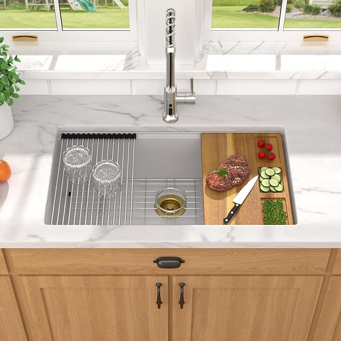 30 White Undermount Kitchen Sink-Granite Composite Single Bowl Workstation All-In One Classic Quartz Kitchen SInk with Mixing Bowl, Cutting Board and Pasta Strainer #TLGU-123