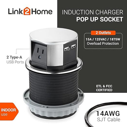Link2Home 2 Pack Pop Up Outlet 10W Fast Induction Charger with Type-C USB, 3 Power Outlets 15A, 2 USB Ports 3.0A, Splash Resistant, Matt Black Finish, for Kitchen Counter Island, Office Table
