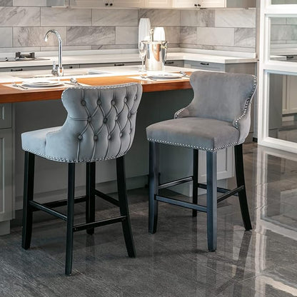 Rhomtree Elegant Button Tufted Upholstered Fabric Bar Stools with Nailhead Trim, Dining Side Chair, Leisure Padded Chairs with Solid Wooden Legs Home Kitchen Island Wooden Bar Chairs (Grey, Set of 4)