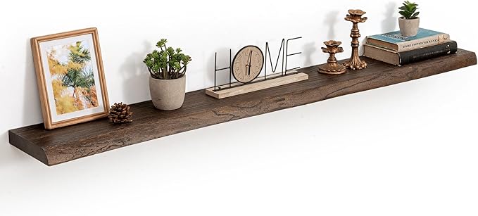 55 Inch Live Edge Floating Shelves, 8 Inch Deep Solid Elm Wood Wall Shelf, Heavy-Duty Wall Mounted Shelf with Invisible Brackets for Living Room, Bathroom, Kitchen, Set of 1, Walnut Color