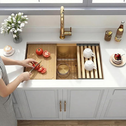 Gold Undermount Kitchen Sink 28 x 18 Inch, 16 Gauge SUS304 Stainless Steel All In One Workstation Sinks with Ledge & Accessories, 28" x 18" x 10" Handmade Single Bowl Gold Kitchen Sink