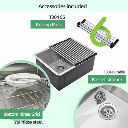Undermount Kitchen Sink, 24 x 19 x 10 Inch 16 Gauge Single Bowl Kitchen Sink T-304 Stainless Steel Laundry Sinks