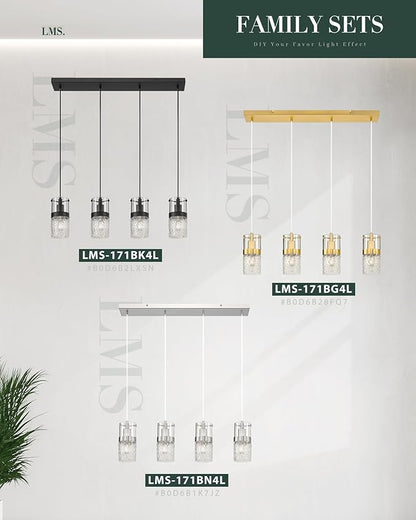 LMS 4-LightIsland Lighting, Brushed Nickel Kitchen Island Light Fixture, Farmhouse Linear Chandeliers for Dining Room Over Table Pendant Light with Hammered Glass for Living Room, LMS-171BN4L
