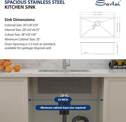Sarlai 30 Undermount Kitchen Sink 30x18 Inch Stainless Steel Single Bowl Kitchen Sink Round Corner 16 Gauge Handmade Under Counter Sinks Basin