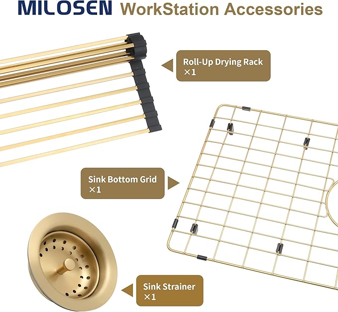 MILOSEN 32 Inch Gold Undermount Kitchen Sink, 32" x 18" Gold Workstation Sinks, Stainless Steel Single Bowl Sink with Custom Accessories, Modern Under Counter Design, 9'' Large and Deep Kitchen Sinks