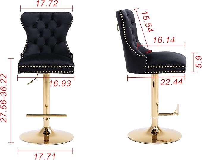 Rhomtree 27-36 Inch Swivel Bar Stools, Adjustable Counter Height Barstools with Tufted High Back & Ring Pull Golden Footrest, Upholstered Bar Chairs for Home Bar Kitchen Island(Black Set of 2)