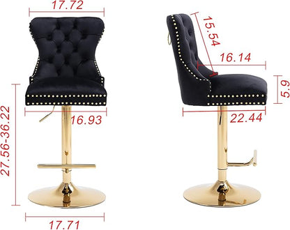 Rhomtree 27-36 Inch Swivel Bar Stools, Adjustable Counter Height Barstools with Tufted High Back & Ring Pull Golden Footrest, Upholstered Bar Chairs for Home Bar Kitchen Island(Black Set of 2)