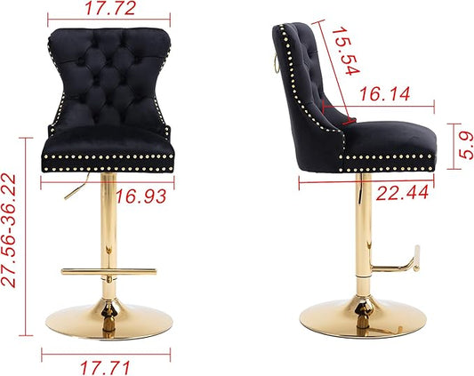 Rhomtree 27-36 Inch Swivel Bar Stools, Adjustable Counter Height Barstools with Tufted High Back & Ring Pull Golden Footrest, Upholstered Bar Chairs for Home Bar Kitchen Island(Black Set of 2)