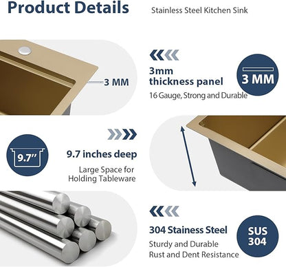 Lordear 33 Inch Drop In Kitchen Sink Gold Brushed 33x22 Workstation Stainless Steel 16 Gauge Single Bowl Handmade Topmount Kitchen Sink with Cutting Board