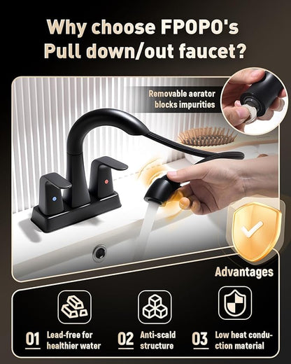 ‌BRAVEBAR Matte Black Bathroom Faucet 4 Inch Centerset 3 Hole, 2 Handle Faucet with Heat-Resistant Pull-Out Sprayer, 360° Swivel Spout & Pop-Up Drain, BF-116B