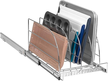 HOLDN’ STORAGE Pull Out Organizer for Bakeware, Cutting Board and Trays, Adjustable Dividers - Heavy Duty, Lifetime Limited Warranty - For Narrow Cabinet Spaces, 12.5”W x 21”D x 11”H, Chrome